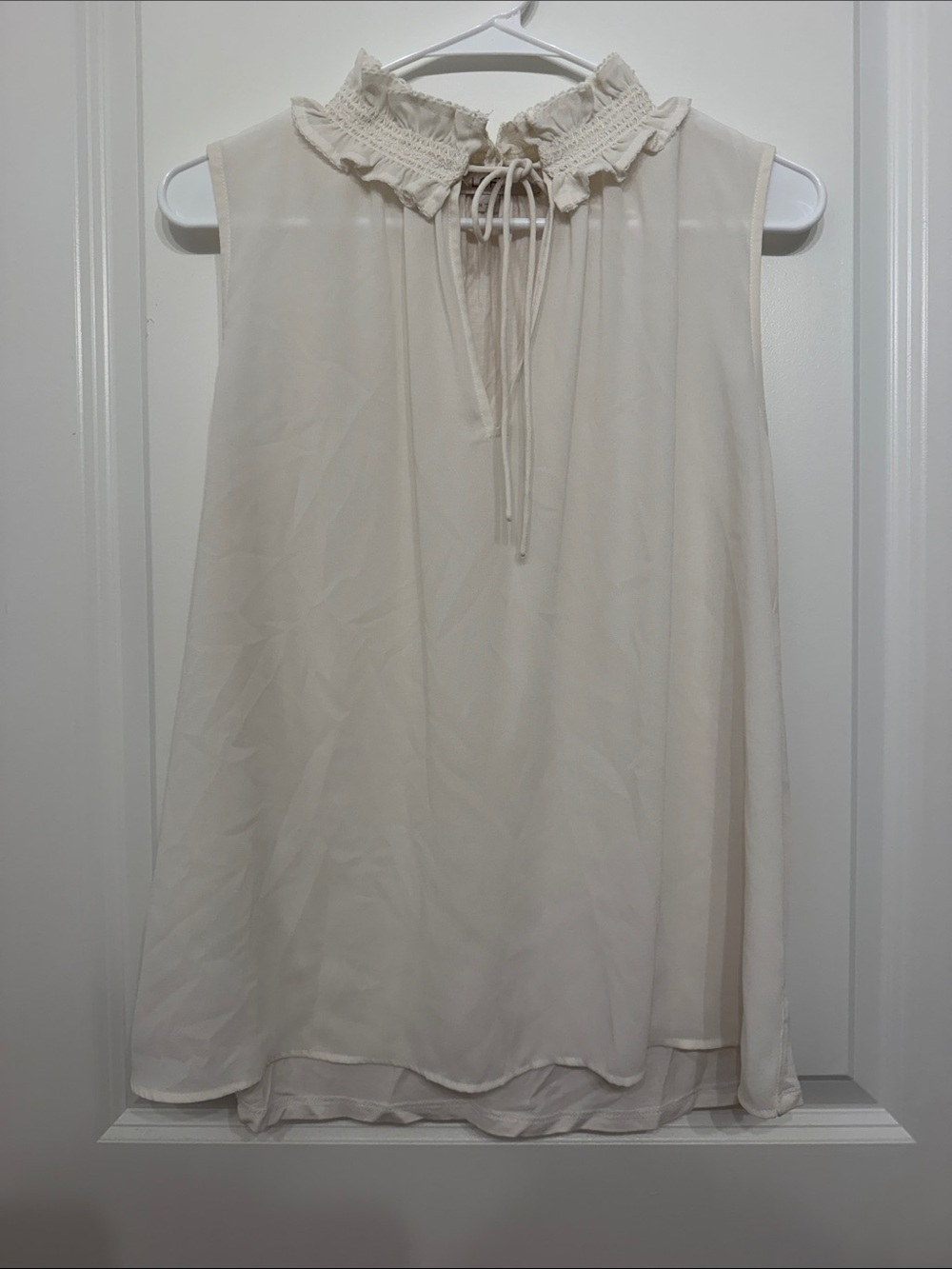 LOFT Cream Smocked Ruffle-Neck Sleeveless Chemise